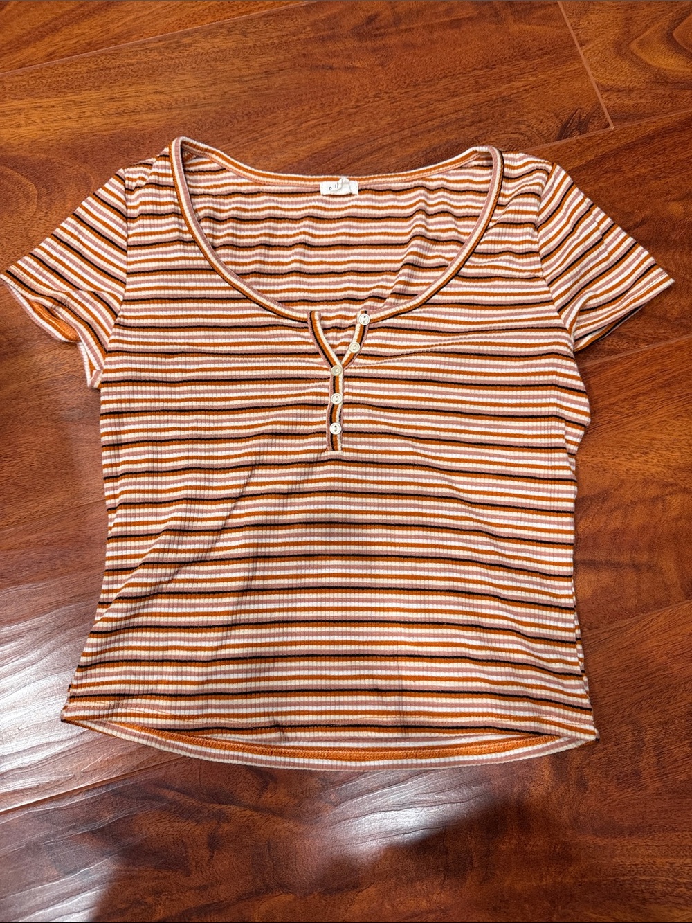 Garage Striped Henley Scoop Tee in Orange, White & Brown